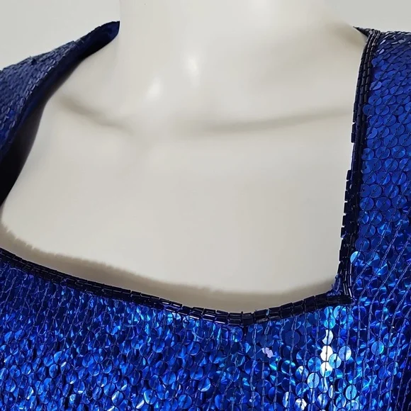 Vintage Sterling By Stone Ferris Blue Sequin Silk Open Back Coctail Party Dress - Picture 4 of 16